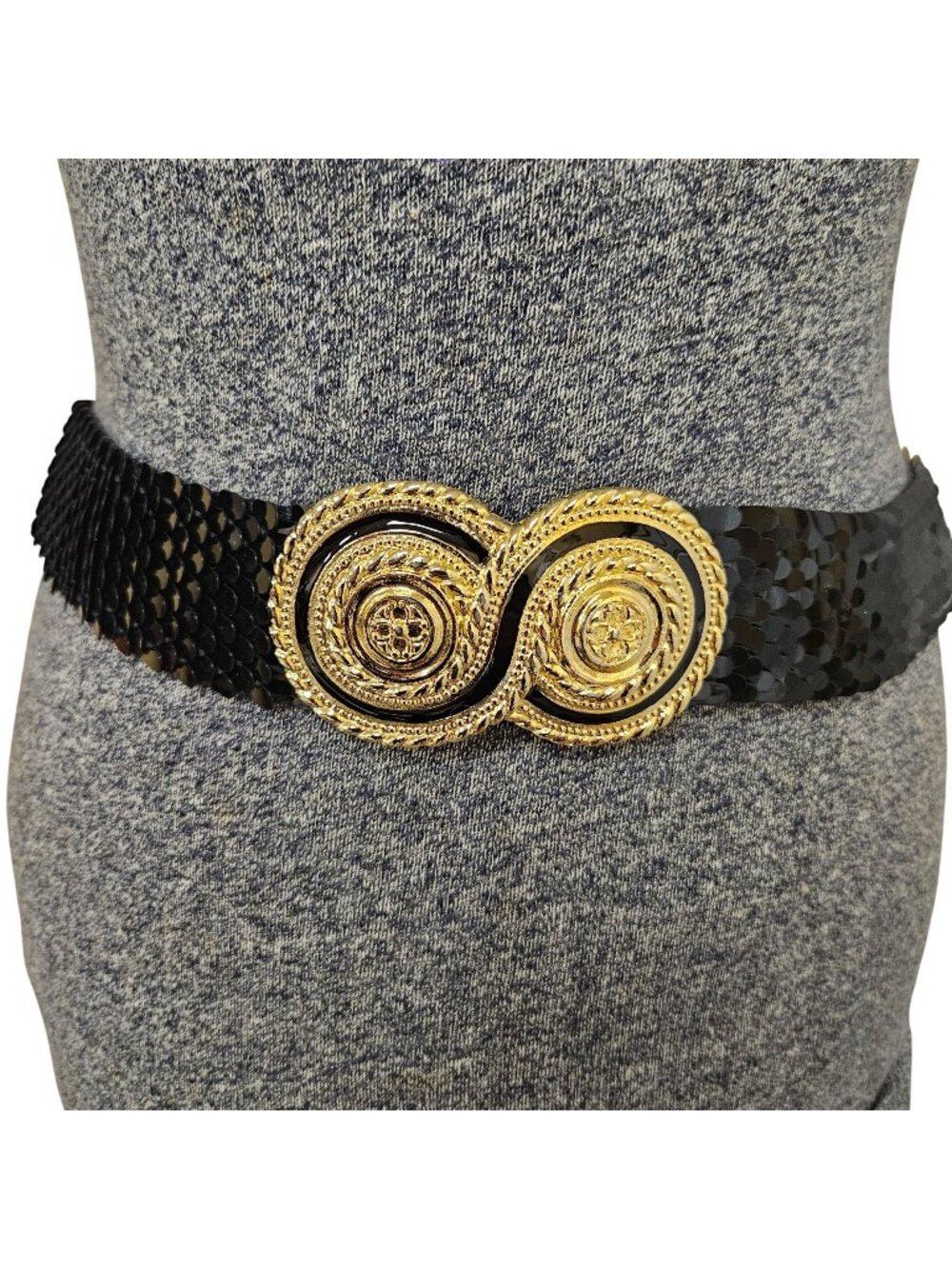 Day Lor Stretch Belt Womens Black Metallic Fish Scale Infinity Gold Buckle